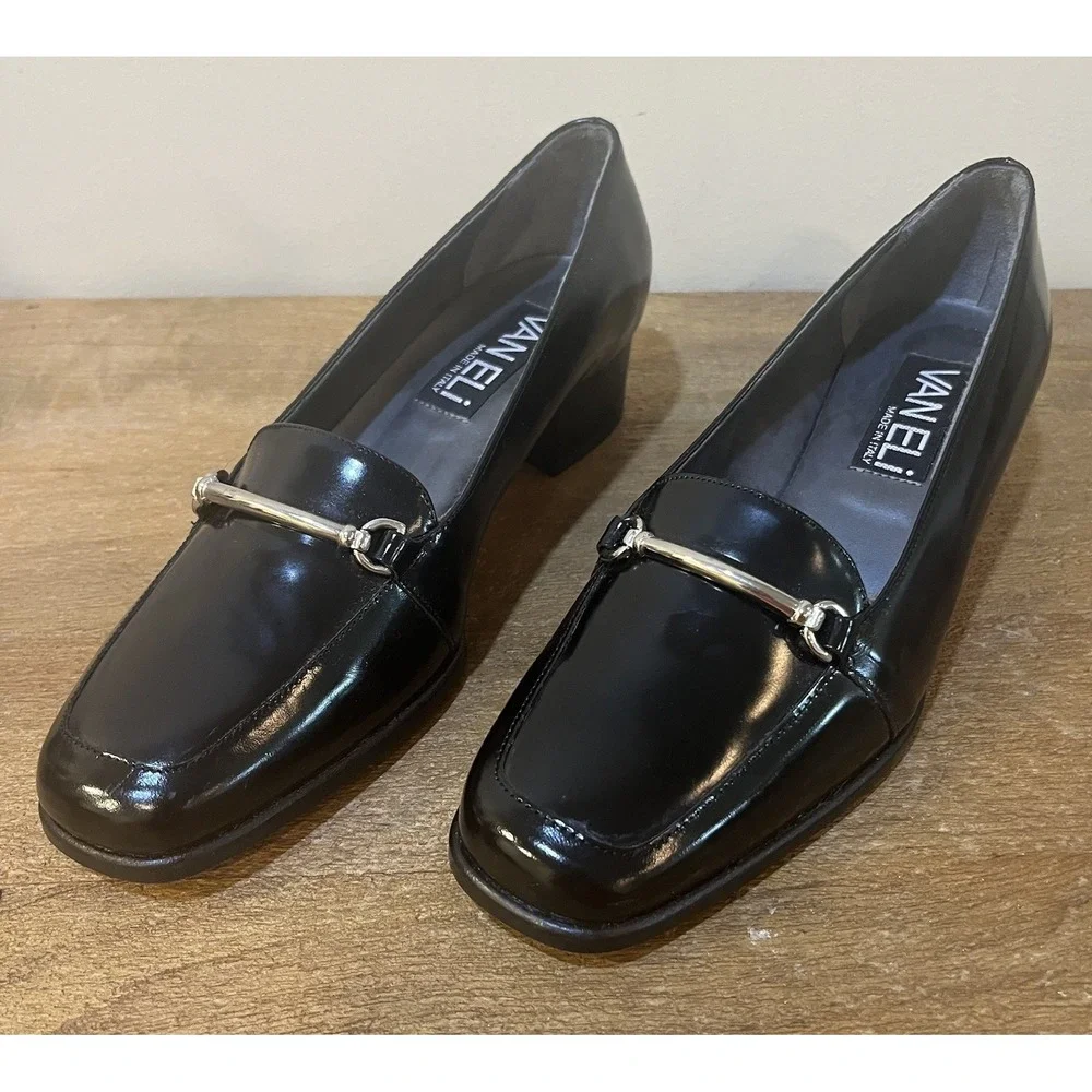VTG Vaneli Made in Italy Black Patent Horsebit Square Toe Pumps Loafers 7M Y2K